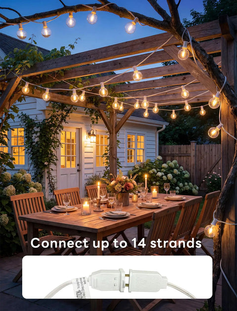 50Ft LED Outdoor String Lights with 52 Dimmable Shatterproof G40 Plastic Bulbs illuminating backyard dining area