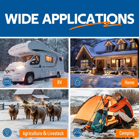 Heated Water Hose For RV And Campers With Ultra Low Temp Protection To Minus 45 Degrees Fahrenheit shown in various uses.