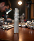 5 Piece Steel Watch Stem Crowns Kit For NH35 NH36 NH38 NH39 Movements Replacement Parts on a workshop table