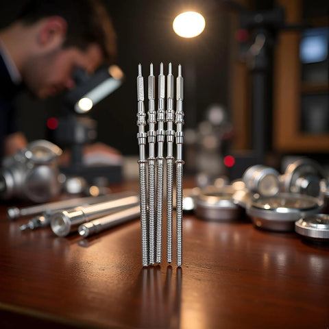 5 Piece Steel Watch Stem Crowns Kit For NH35 NH36 NH38 NH39 Movements Replacement Parts on a workshop table