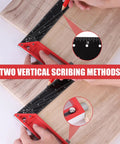 Top Shelf 12 Inch Aluminum Framing Carpenter Square With Retractable Ledge And Scribe Pin demonstrating two vertical scribing methods on wood.