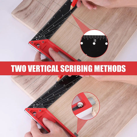 Top Shelf 12 Inch Aluminum Framing Carpenter Square With Retractable Ledge And Scribe Pin demonstrating two vertical scribing methods on wood.