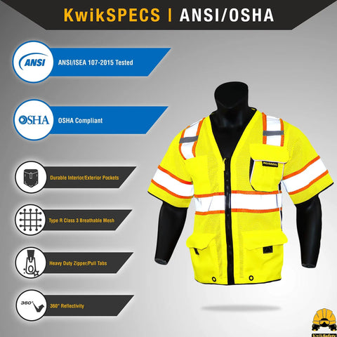 Executive High Visibility Safety Vest With 10 Pockets For Men, Class 3 ANSI OSHA Reflective Mesh Construction Gear displayed on mannequin