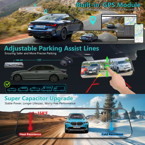 12 Inch 4K Front And Rear Mirror Dash Cam With Crystal Clear Night Vision And Parking Monitor, GPS, and parking assist lines displayed