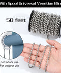 Close-up of 50 ft stainless steel ball bead chain spool kit with 4.5 mm beads and connectors for roller shades and DIY crafts