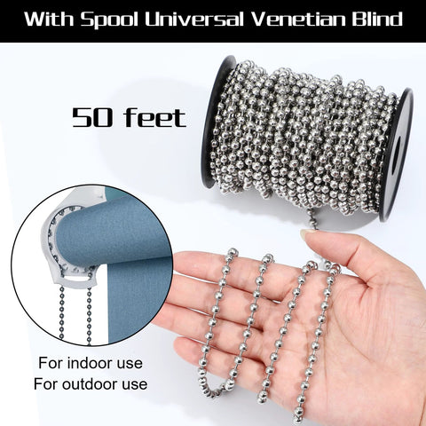 Close-up of 50 ft stainless steel ball bead chain spool kit with 4.5 mm beads and connectors for roller shades and DIY crafts