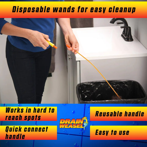 Kick Those Nagging Hair Knots To The Curb With This 18 Inch Drain Snake Featuring Two Flexible Wands And A Patented 360 Degree Rotating Tip For Swift Sink Shower Tub Clearing That Keeps It Smooth, user holding drain snake over trash can.