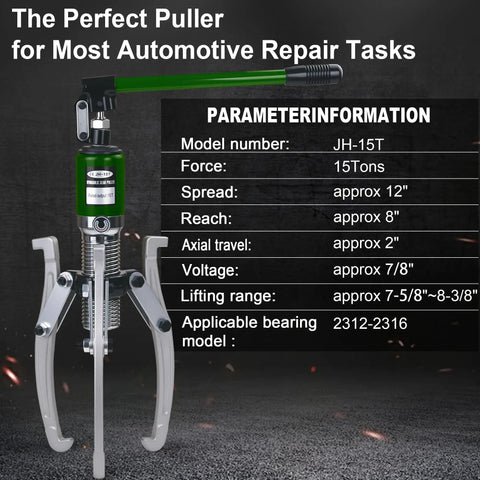 Heavy Duty Hydraulic Gear Puller 15 Ton Capacity With Adjustable 2 Or 3 Jaws Bearing Hub Separator with specs and green handle