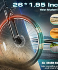 26 Inch electric bike front wheel with wear-resistant tires for smooth riding on various terrains.