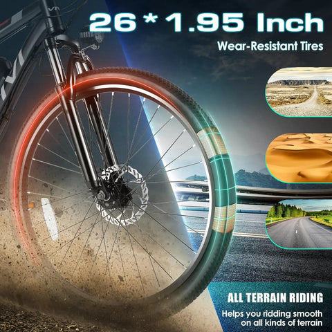 26 Inch electric bike front wheel with wear-resistant tires for smooth riding on various terrains.