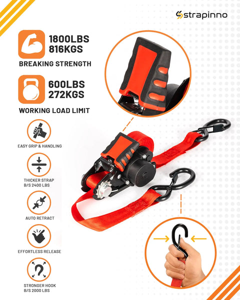 Retractable Ratchet Straps 1 Inch By 12 Feet Heavy Duty Tie Downs With 1800 Lbs Breaking Strength Each S Hooks Safety Clip Auto Retract