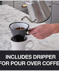 Hella Precise Automatic Coffee Grinder With Built In Scale And Thirty Nine Custom Settings For Bang Perfect Home Brews Solid Daily Ritual With Fourteen Oz Bean Hopper Sleek Black Design pouring water into coffee dripper.