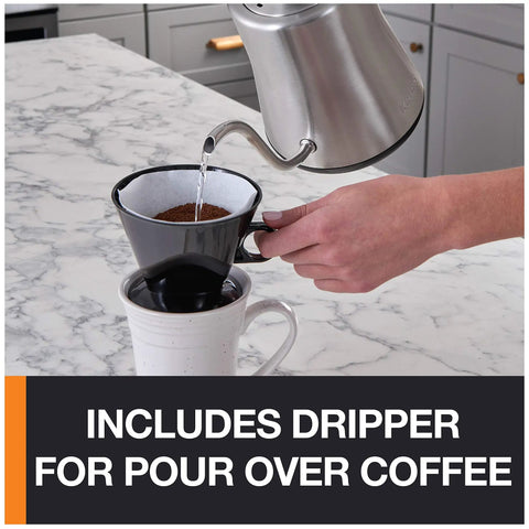 Hella Precise Automatic Coffee Grinder With Built In Scale And Thirty Nine Custom Settings For Bang Perfect Home Brews Solid Daily Ritual With Fourteen Oz Bean Hopper Sleek Black Design pouring water into coffee dripper.
