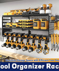 Heavy Duty Wall Mount Tool Organizer Rack For Garage 3 Tier Metal Shelf With 8 Drill Holders displaying tools and accessories.