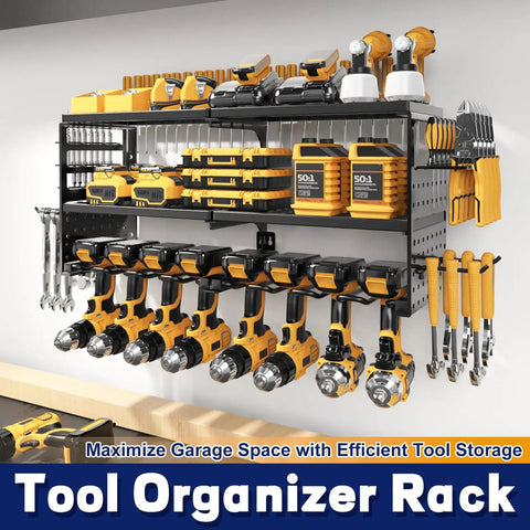 Heavy Duty Wall Mount Tool Organizer Rack For Garage 3 Tier Metal Shelf With 8 Drill Holders displaying tools and accessories.