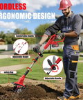 Man using Cordless Tiller Cultivator With 360 RPM 9 Inch Wide Electric Garden Tiller And 8000mAh Battery Powered Mini Cultivator