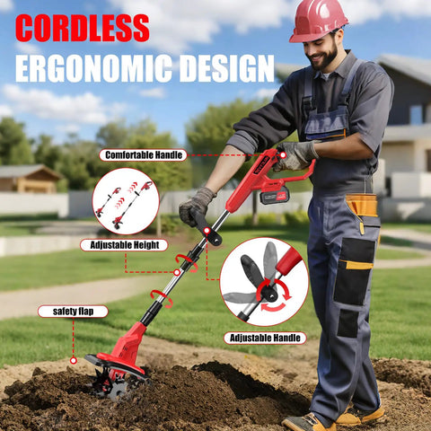 Man using Cordless Tiller Cultivator With 360 RPM 9 Inch Wide Electric Garden Tiller And 8000mAh Battery Powered Mini Cultivator