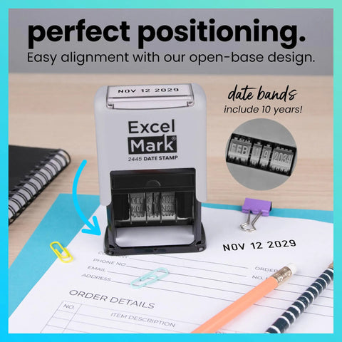 Straight Up Knockout Date Stamp For Shipping And Receiving Orders Track Expiration And Due Dates Smooth Gliding Mechanism, self-inking design on paperwork.