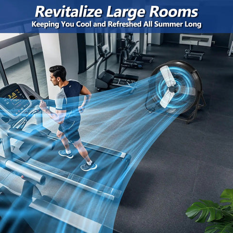 24 Inch Industrial Drum Fan With High Velocity Airflow, Heavy Duty Metal Air Circulator, cooling gym space with treadmill.