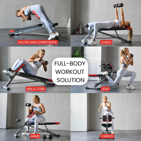 All In One Adjustable Weight Bench For Full Body Home Gym Workouts With Bench Press Back Extension Roman Chair Sit Ups Core And Glute Training For Real Gains Heavy Duty Frame Smooth Adjustments And Sturdy Support