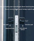 Close-up of Twist To Lock Keyless Storefront Door Lock With Anti Mislock Button showing interior pads and dimensions.