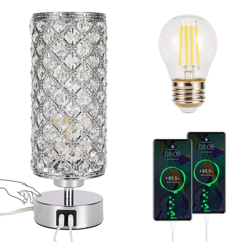 Lit Crystal Table Lamp Set With Dual USB Ports, Touch Control, 3 Way Dimmable Nightstand Lamps, Acrylic Chrome Finish shown