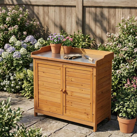 Outdoor Garden Wood Storage Cabinet With Waterproof Tool Shed, Potting Benches And Workstation Table in Natural Finish on patio