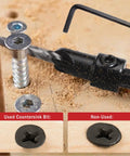 Adjustable Three Piece Countersink Drill Bit Set With Precision Depth Stop Collars And Secure Hex Shank For Flawless Pilot Holes In Wood Or Metal Heavy Duty Steel Designed To Knock Out Tough Jobs Without Skipping A Beat Shop Ready Kit with used and unused countersink bits on wood.