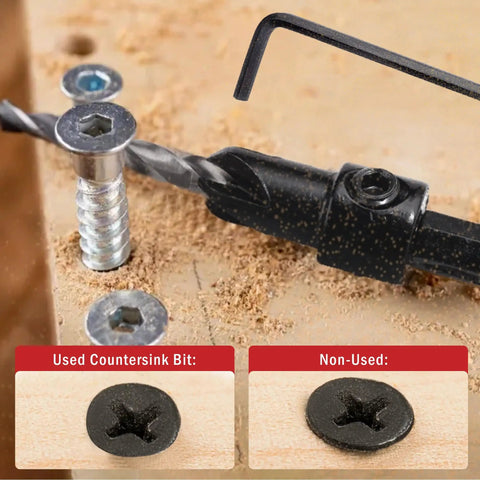 Adjustable Three Piece Countersink Drill Bit Set With Precision Depth Stop Collars And Secure Hex Shank For Flawless Pilot Holes In Wood Or Metal Heavy Duty Steel Designed To Knock Out Tough Jobs Without Skipping A Beat Shop Ready Kit with used and unused countersink bits on wood.