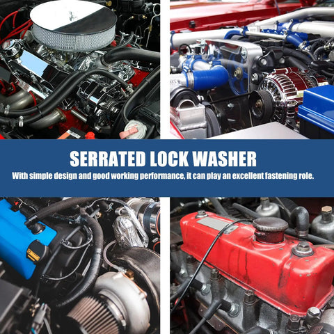 Collage of car engine parts highlighting use of Industrial Grade Stainless Steel Internal Tooth Serrated Lock Washers Kit 280 Pcs.