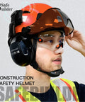Orange Construction Safety Helmet With Clear And Tinted Visors And Earmuffs Hearing Protection, Six Point Suspension, Adjustable Head Size 53 To 63 Cm