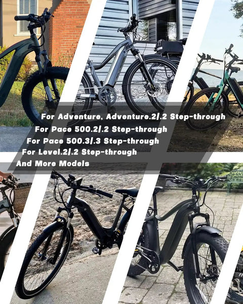 Collage of e-bikes showcasing different models compatible with the durable ebike derailleur guard transmission protector.