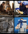 Collage showing welding practice, improving technique, a welded piece, and a gift box related to Welding Practice Kit With 36 Premium Mild Steel Coupons In 3.6 Inch And 2.6 Inch Sizes, 9 Gauge Plates For TIG MIG And Stick Welding, Ideal For Skill Improvement And Hands On Training.