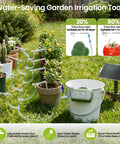 Sun Powered Timed Drip Irrigation Kit For Fifteen Plants With Thirty Three Foot Of Quarter Inch Tubing Includes Fifteen Tee Fittings Fifteen Flow Valves Drip Stakes And A No Fuss Schedule That Is Easy To Program For Watering Frequency And Duration in a garden setting with plants and solar panel.