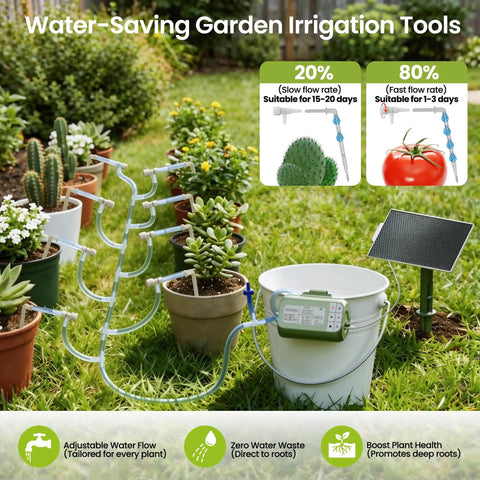 Sun Powered Timed Drip Irrigation Kit For Fifteen Plants With Thirty Three Foot Of Quarter Inch Tubing Includes Fifteen Tee Fittings Fifteen Flow Valves Drip Stakes And A No Fuss Schedule That Is Easy To Program For Watering Frequency And Duration in a garden setting with plants and solar panel.