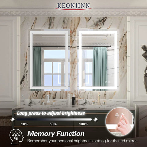 24 By 32 Inch LED Bathroom Mirror With Dimmable 6000K Front Lit Anti Fog Tempered Glass Touch Control Brightness From 10 To 100 Percent UL Listed Driver Vanity Mirror For Your Home Reno displayed in a bathroom with memory function features.
