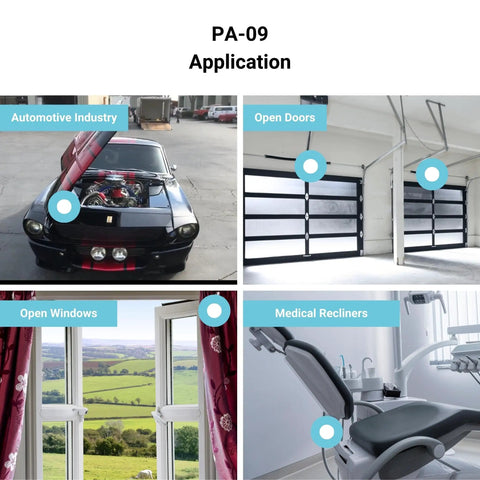 Applications of the 12V Industrial Linear Actuator With 10 Inch Stroke, 330 Lb Thrust, in automotive, doors, windows, and recliners.