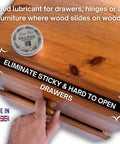 Heavy Duty Wood Drawer Wax And Premium Slide Lubricant That Gets Stubborn Cabinets Rolling Like Butter shown on wooden drawer.