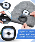 LED USB Rechargeable Beanie Light Kit 4 Pack with Rubber Pieces shown being installed on a grey hat for illumination.