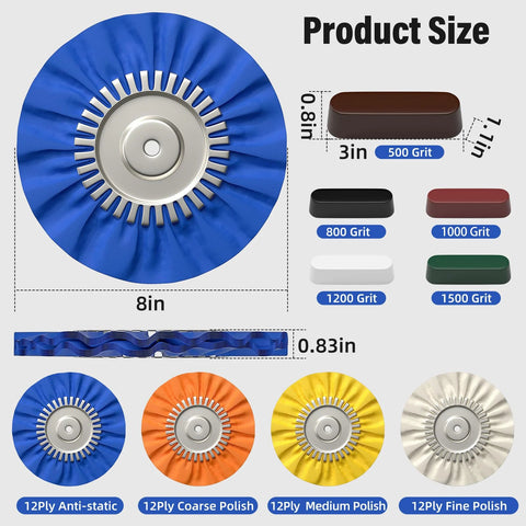 BURMONG 8in buffing wheel set for 4.5in grinder; 9pc polishing wheels with 5/8in arbor, 500–1500 grit pads, 12-ply polishers