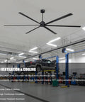 Straight Up 144 Inch HVLS Industrial Ceiling Fan Built Tough With 130W DC Motor Six Reversible Aluminum Blades Plus Smart Remote Control For Workshops Barns Warehouses And Big Commercial Spaces in garage setting