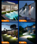 Heavy Duty Solar Spot Lights Outdoor 56 Led With 14 Lenses IP65 Waterproof 3 Modes used to illuminate pool, fence, garden, path.