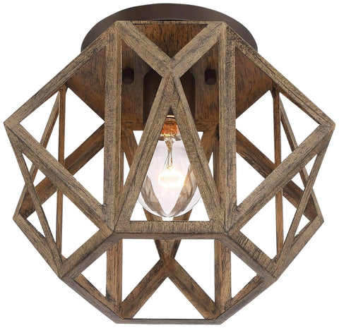 Elevate Your Home Decor With This Straight Up Solid Rustic Flush Mount Ceiling Light Featuring A Dope Wood Finish That Brings Serious Farmhouse Vibes To Any Room UL Certified Easy Setup Perfect For Modern Living Spaces Today - brown hexagon wood frame above light bulb.