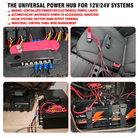 Hardcore 150A Power Distribution Block Dual Bus Bar With Tinned Copper Terminals installed in automotive and marine applications.