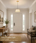 AyshwillDec 10" Modern Gold Linen Pendant Light Dining Room Bulb Included in a hallway above a table.