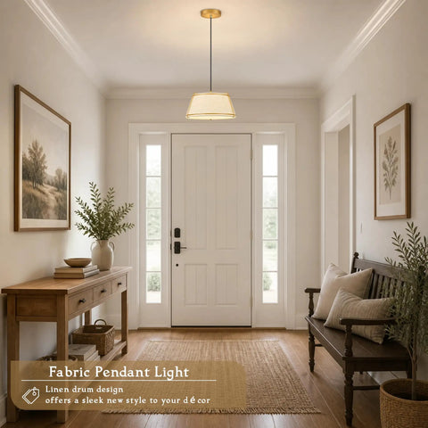 AyshwillDec 10" Modern Gold Linen Pendant Light Dining Room Bulb Included in a hallway above a table.