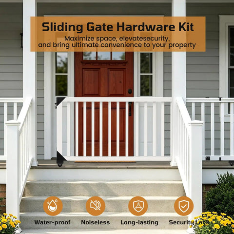 Heavy Duty Sliding Gate Kit With Smooth Rolling Wheels For Fences Workhorse Wood Gate Hardware Anti Sag System DIY Install Fits Gates 1 To 2 Inches Thick Durable Galvanized Steel Construction on front porch gate