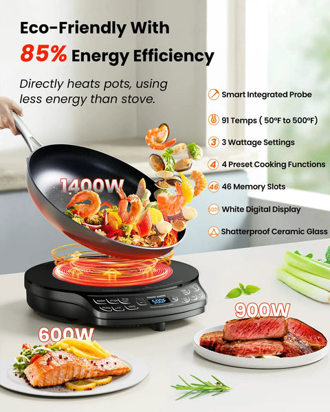 Portable Induction Cooktop With Probe, Diamond Edition, 91 Temp Settings From 100F To 500F, Precise Temperature Control, food cooking.