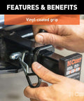 Person installing trailer hitch pin and clip with vinyl coated grip half inch diameter fits one and one quarter inch receiver