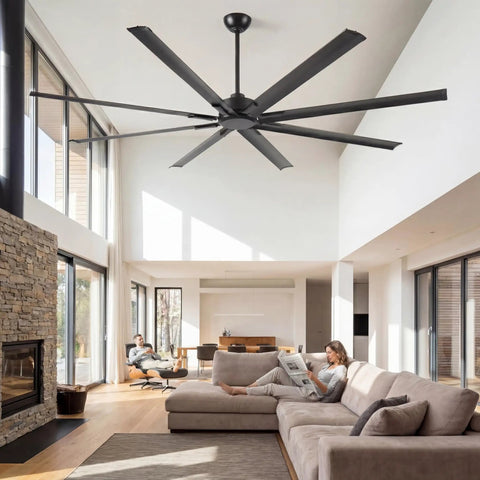 84 Inch HVLS Industrial Ceiling Fan With Heavy Duty Aluminum Blades Rust Proof Coating Quiet DC Motor in modern living room